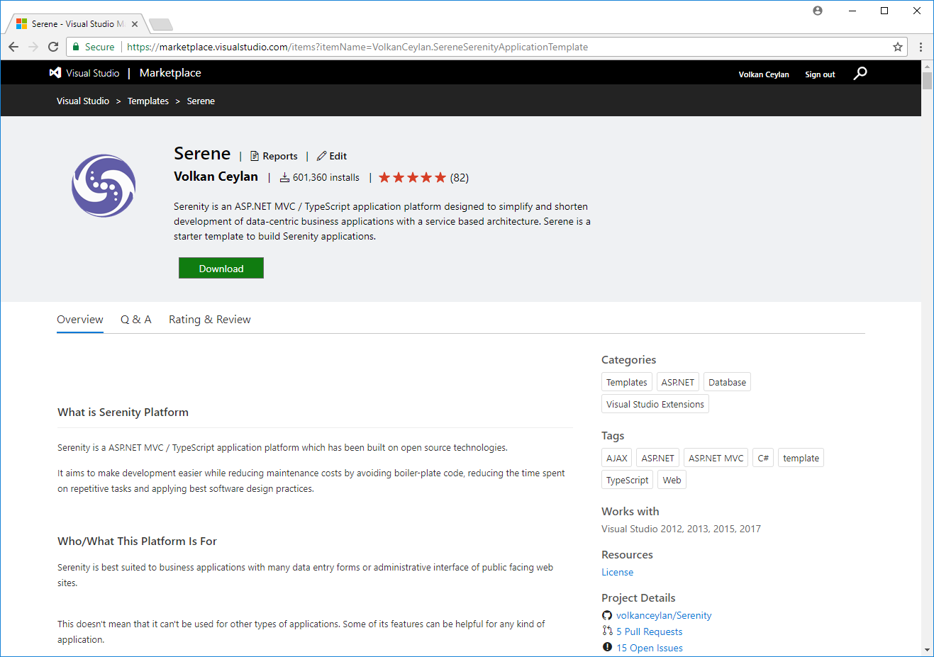 Installing Serene From Visual Studio Marketplace Serenity Developer Guide